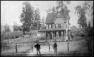 Thomas Wood and Cornelius O'Keefe in front of the main O'Keefe ranch house