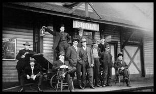 Group of men in front C.P.R. station at Eholt, B.C.
