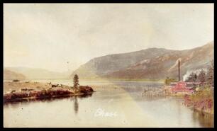 Hand coloured  photograph of Adams River Lumber Company on the lake