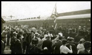 Canadian troops on train leaving for Europe at Revelstoke, B.C.