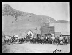 Horses and wagons in front of Palace Livery Stable, Keremeos (1904)