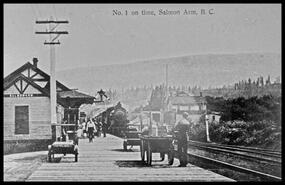 Railroad train pulling into Salmon Arm station