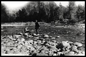 Prospectors at river site for placer mine on Nicola River