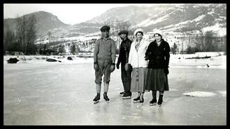 Eric White, Dick Malm, Rena Rella and Daisy Malm (Gronquist) skating on Ruckle slough