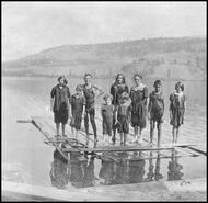 O'Keefe and O'Neal children on a raft at Kalamalka Lake