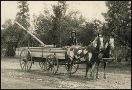 Man with loaded lumber cart pulled by horses