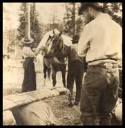 Three men loading pack on horse