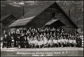 Group in front of Japanese United Church, Lemon Creek