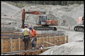 Crews install concrete forms for the Duteau Creek treatment facility on Whitevale Road, Lumby