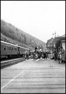 Kildonnan Pipe Band greeting train at the Sicamous Hotel and C.P.R. railway station