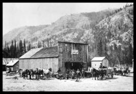 Horses and wagons in front of D. McDuff's Shoeing Shop