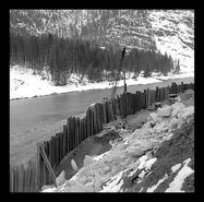 Upstream coffer dam to tunnel entrances during Mica Dam constructed