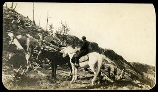 Elsie Rogers on horseback at the Little Tim Mine near the Ten Mile summit