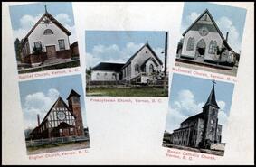Composite postcard with the Baptist, Anglican, Presbyterian, Methodist and Catholic churches in Vernon