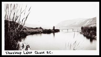 Postcard of Shuswap Lake with the bridge to the Reserve land
