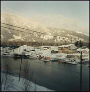 View of waterfront in Sicamous Narrows in winter