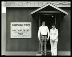 Doug Barraclough and Colleen Hewat in front of Kaslo Credit Union