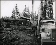 Heel boom loader with logging truck in Oregon