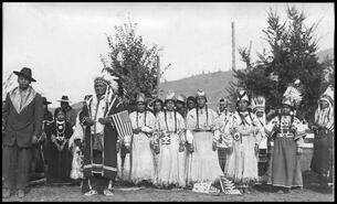 Nez Perce Indigenous in ceremonial dress for visit of Duke of Connaught at Coldstream Ranch?