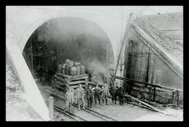 Crewmen at the Connaught Tunnel entrance during its construction, Rogers Pass