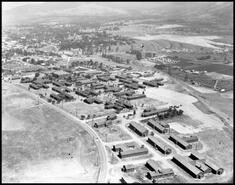 Aerial view of camp and armoury at Western Command Trades Training Centre, Camp Vernon