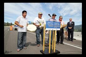 Okanagan Indian Band drum group, Little Hawk, at the official opening of the new Highway 97 between Oyama and Winfield