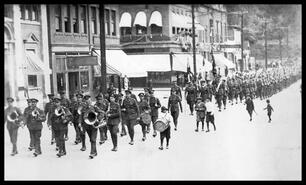 54th Btn. marching through the streets, Revelstoke, B.C.