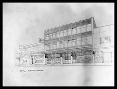 Architectural drawing of Okanagan Cafe and Adams Drugs facade
