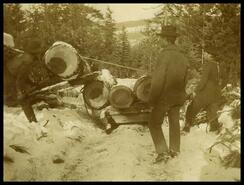 Loading logs on sleigh, Coldstream (?)