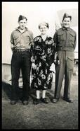 Bob Barnes and Bill Barnes in military uniform with Mrs. Barnes