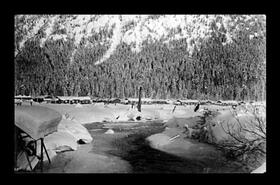 Tashme Japanese internment camp with frozen river in foreground