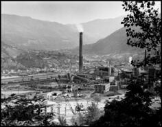 View of smelter looking south over Trail, 1970s
