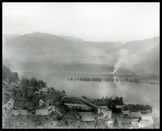 View of Beaton at water with smoke across the lake