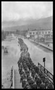 Tobias' Tigers, World War I troops crossing Kicking Horse bridge in Golden, B.C.
