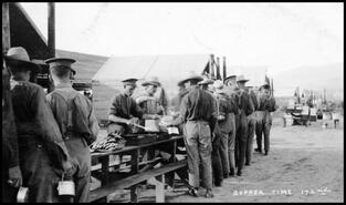 172nd Battalion, Rocky Mountain Rangers lining up for supper at Camp Vernon