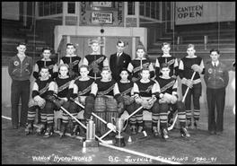 "Hydrophones" hockey team, B.C. Juvenile champions 1940-1941 with their trophies