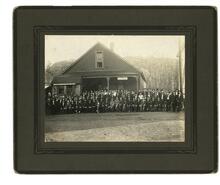 Large group in front of B.C. Copper Co. office, Mother Lode Mine