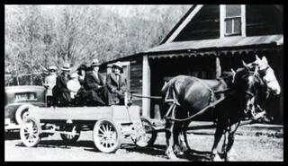 Horse-drawn wagon built from an automobile chassis, ca. 1933