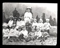 Group photograph at Sunday School picnic with Annie Etches