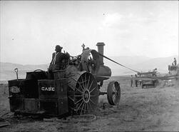 Case steam tractor powering the threshing machinery on the Commonage