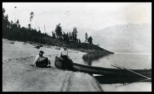 Dad Bugbee and unidentified man with boat at Christina Lake