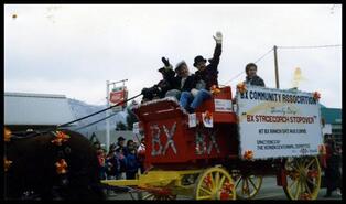 BX Community Association float promoting the BX Stagecoach Stopover community event at Vernon Winter Carnival parade