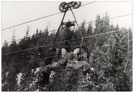 Harry Liebscher and Neil Webb on a timber hook on the Standard tram