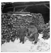 Frank Mills with son Bob in front of firewood