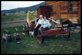 Mr. and Mrs. Luknowsky with restored orchard wagon from Rainbow Ranche