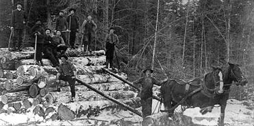 B.C. logging crew posing on a stack of logs