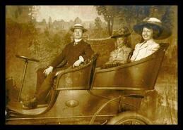 Ted Dewdney, Bertha Peters (Helen's mother) and Helen Dewdney in a staged automobile