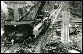 Railway at 19 Mile, erecting structural steel for bridge